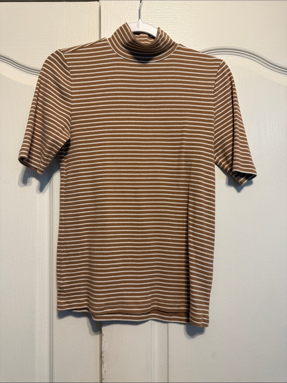 LOFT Cream and Brown Striped Short Sleeve Mock Neck Tee